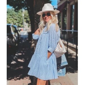 NWOT Sandy Liang Blue Gingham 3/4 Sleeve Dress